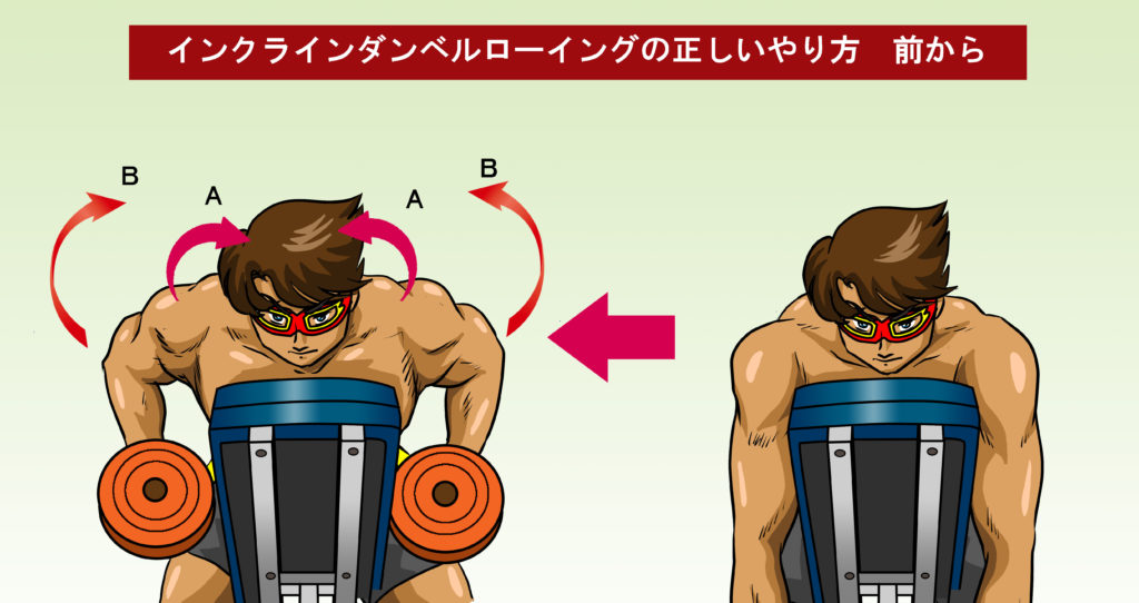 インクラインダンベルローイング正しいやり方　前から